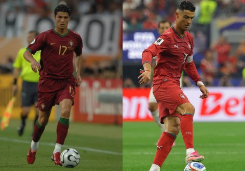 Cristiano Ronaldo em sua primeira Copa, em 2006, e na despedida em 2026 (RICARDO CORREA/PLACAR)