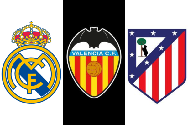 Escudos do Real Madrid, Valencia e Atlético de Madrid (Reprodução/X/realmadrid/valenciacf/atleti)